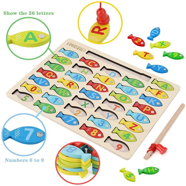 AMERTEER Magnetic Wooden Fishing Game Toy for Toddlers Alphabet Fish  Catching Counting Games Puzzle with Numbers and Letters Preschool Learning  ABC and Math Educational Toys for 3 4 5 Y 