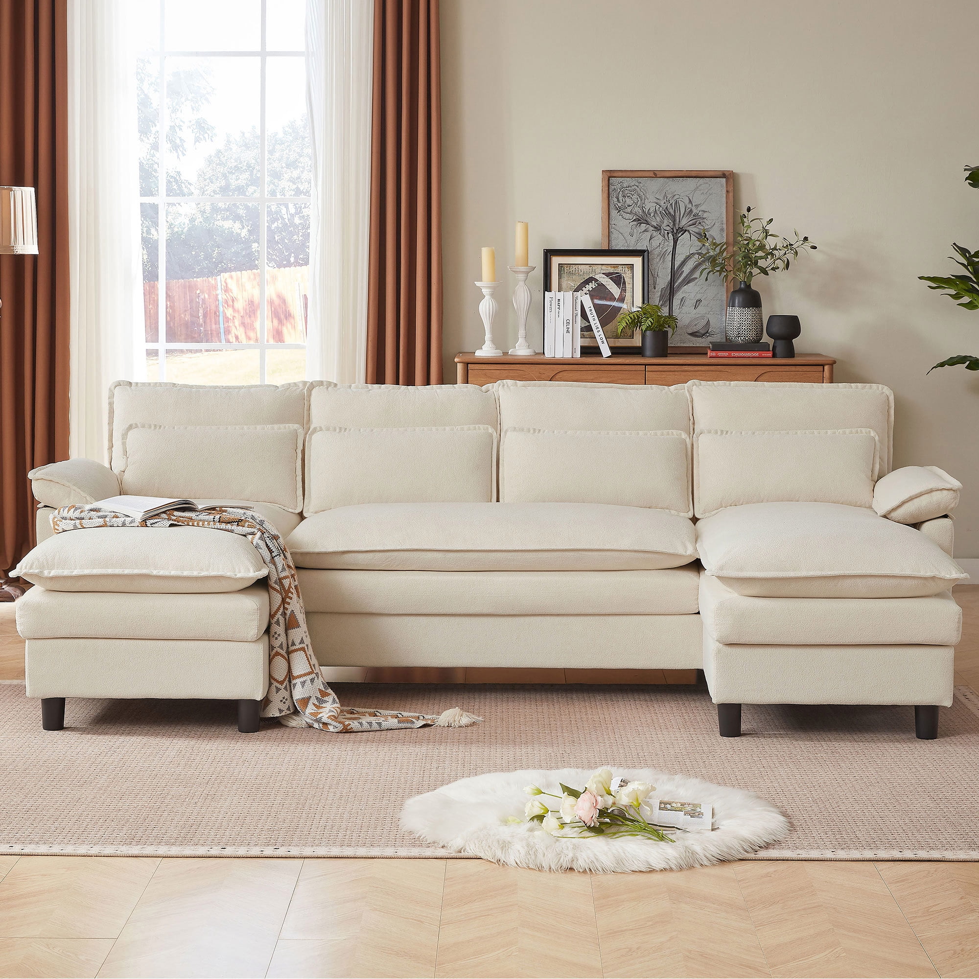 Soscana U Shaped Cloud Couch Sectional Sofa 4 Seat with Double Chaise, Modern Linen Sofa with Waist Pillows for Living Room Apartment Office Studio,Beige