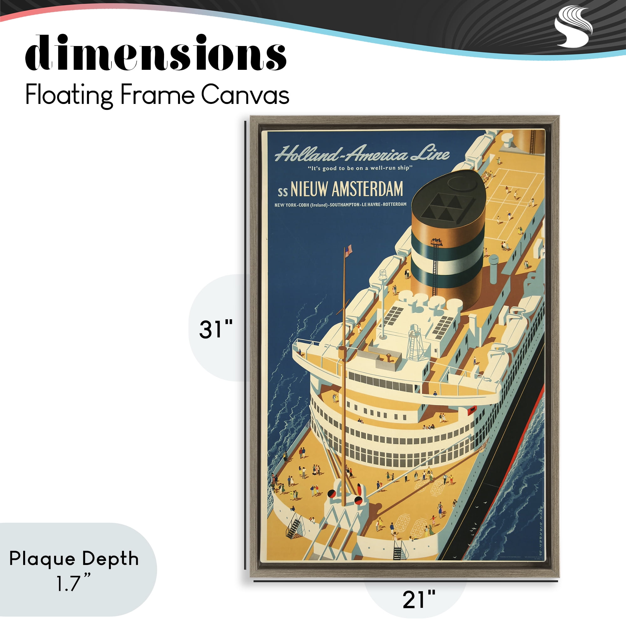 Stupell Industries Nieuw Amsterdam Cruise Ship Brown Framed Floater Canvas Wall Art, design by Vintage Posters