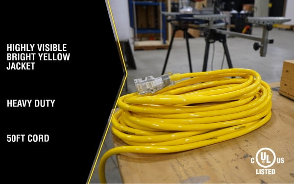 Yellow Jacket 2827 12/3 Heavy-Duty 15-Amp Premium SJTW Contractor 3-Outlet Extension Cord with Lighted End, 50-Feet