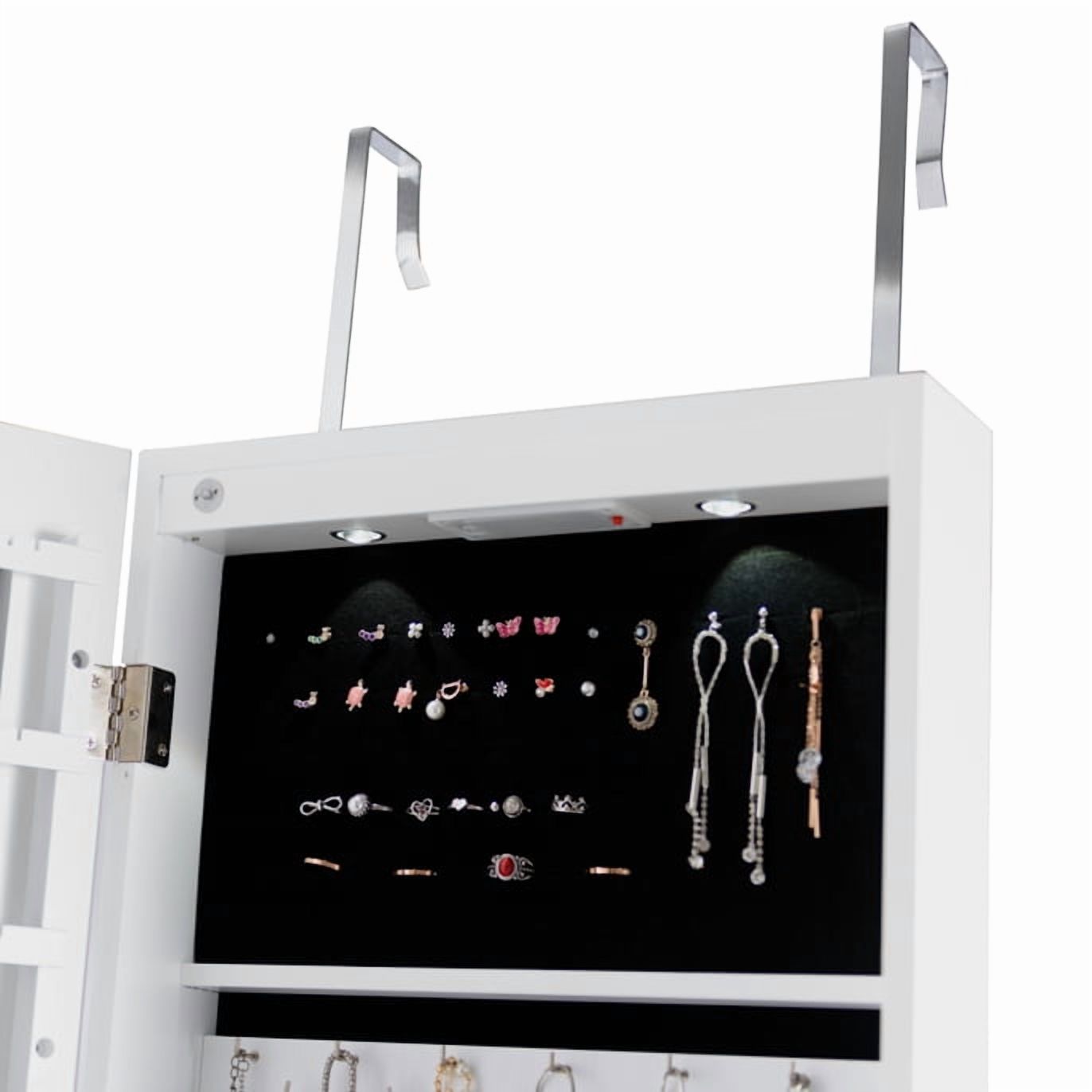 Patiojoy Lockable Wall Door Mounted Storage Organizer Mirrored Jewelry Cabinet w/ Lights White