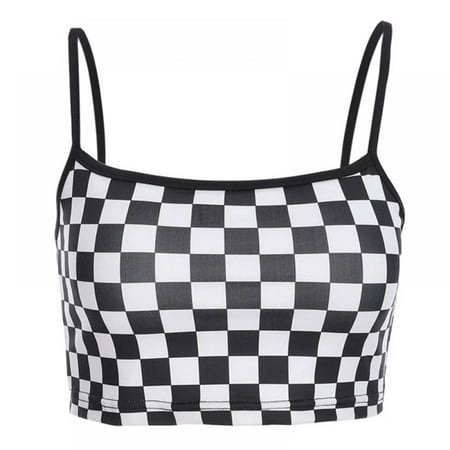 

Women Sexy Checkerboard Print Strap Backless Plaid Camis Streetwear Crop Tops Black And White Plaid Camisole