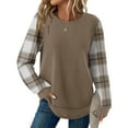 thumbnail image 3 of Waffle Knit Tunic Tops for Women Curved Hem Dressy Long Sleeve Shirts Trendy Fall Fashion Crewneck Sweaters Khaki M, 3 of 6