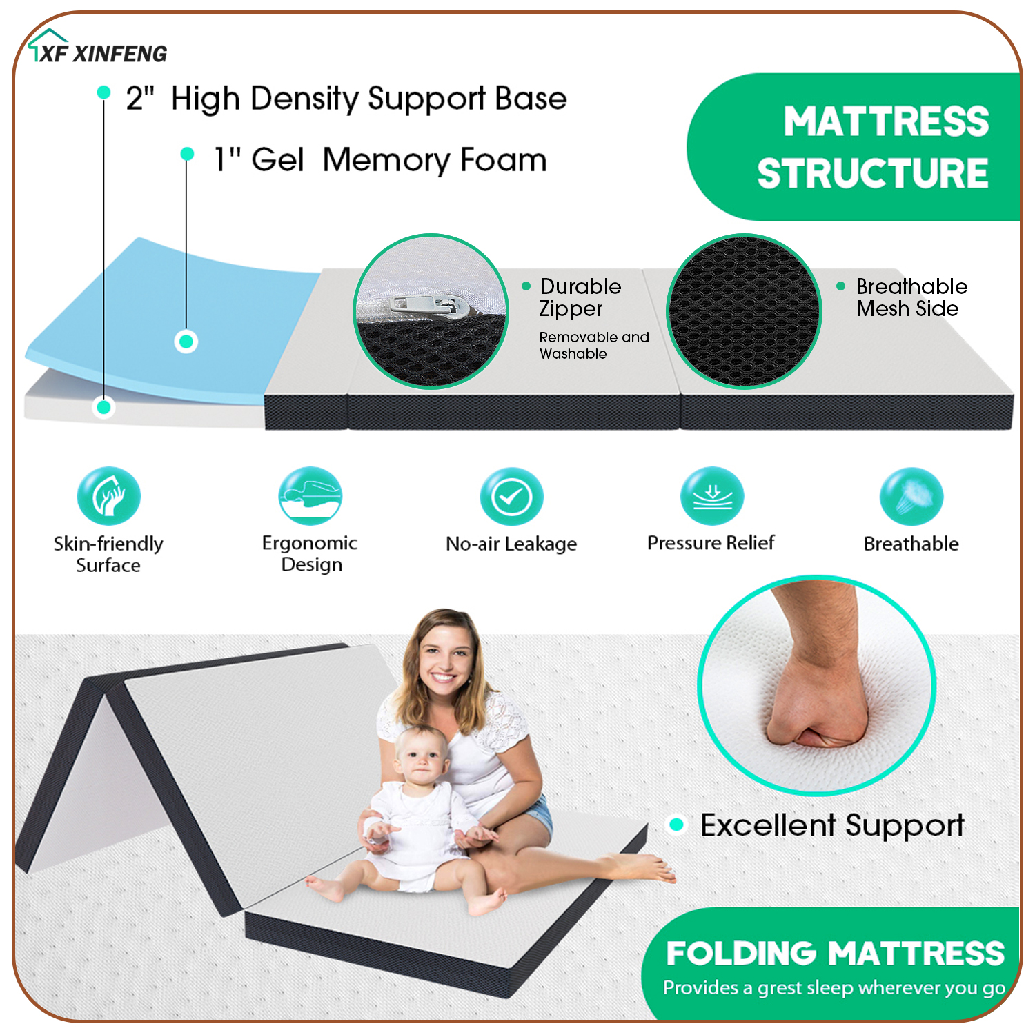 XF XINFENG 3 Inch Tri Fold Memory Foam Full Mattress, Portable Foldable, Medium, Topper with Washable, Cover Non-Slip Bottom for Camping Guest Floor RV, White, Full