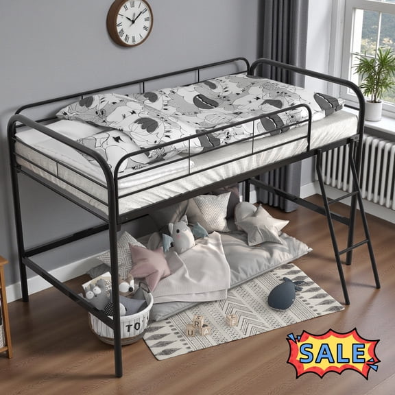 Tcbosik Loft Bed with Inclined Ladder and Safety Guardrail, Twin Size Metal Bed Frame for Bedroom, Space Saving, No Box Spring Needed, Black