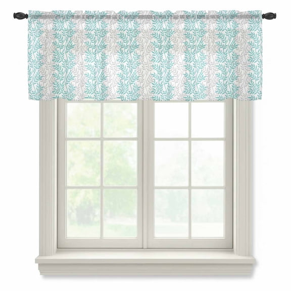 Teal Grey Botanical Valance Curtains for Kitchen/Living Room/Bathroom/Bedroom Window,Rod Pocket Small Topper Half Short Window Curtains Sheer Scarf,Pastoral Spring Summer Leaf Aesthetics 42"x18"
