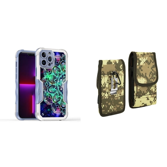 Case and Pouch Bundle for iPhone 14: Heavy Duty Armor Rugged Case (Teal Galaxy Mandala) and Vertical Rugged Nylon Belt Holster (Digital Camo)