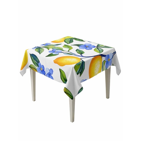 Yellow Lemon Table Cloth, Blue Flower Botanical Blossom Motif Spring Waterproof Tablecloth for Square Tables, Reusable Washable Fabric Table Cover for Restaurant Kitchen Dining Tables 60"x60"