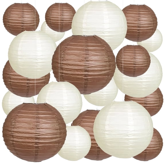20Pcs Brown & Ivory Round Hanging Paper Lanterns, Decorative Supplies for Rustic Wedding, Bridal Shower & Birthday Party