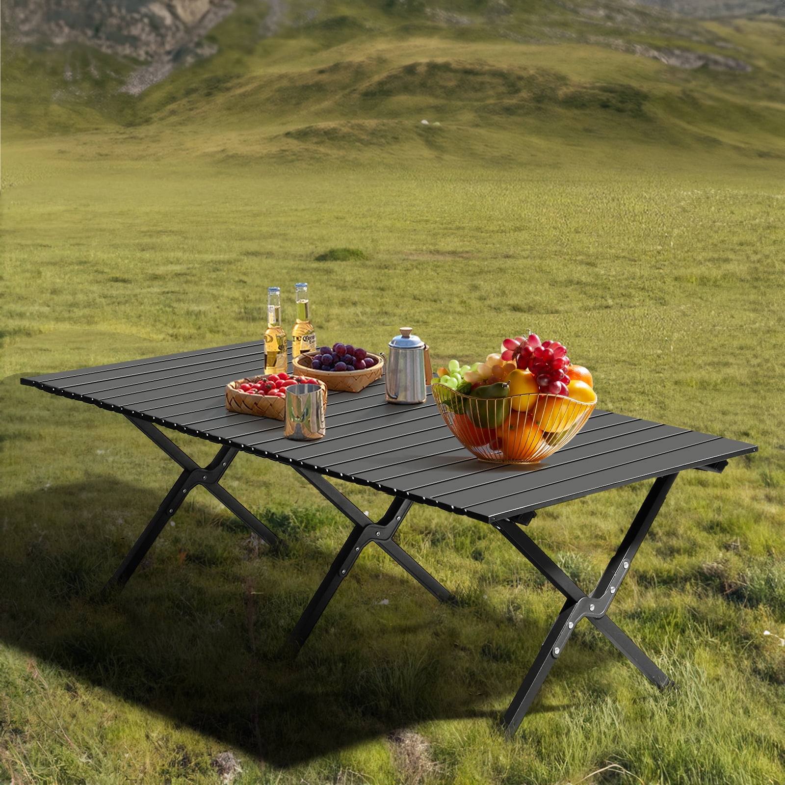Folding Camping Table Portable Picnic Table, Lightweight Roll up Side Table Outdoor Camp Table for Travel Hiking Backyard BBQ Party, Black/46x24in
