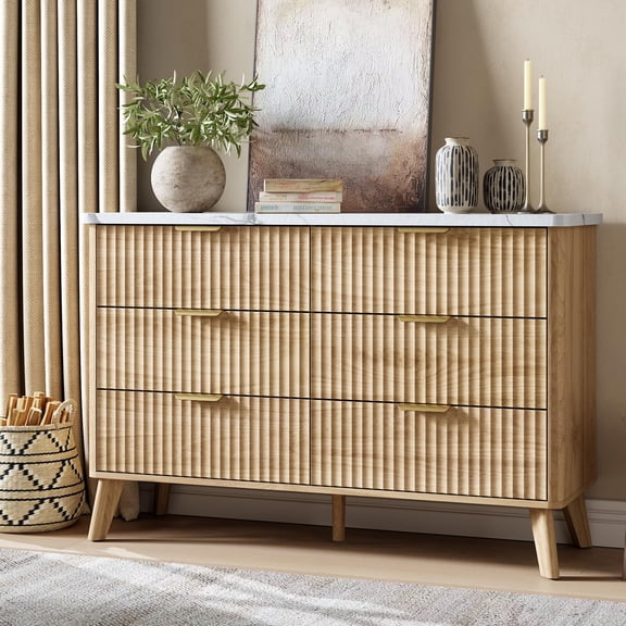 Garvee Modern Fluted 6-Drawer Dresser with Gold Handles Curved Profile Wooden Storage Chest