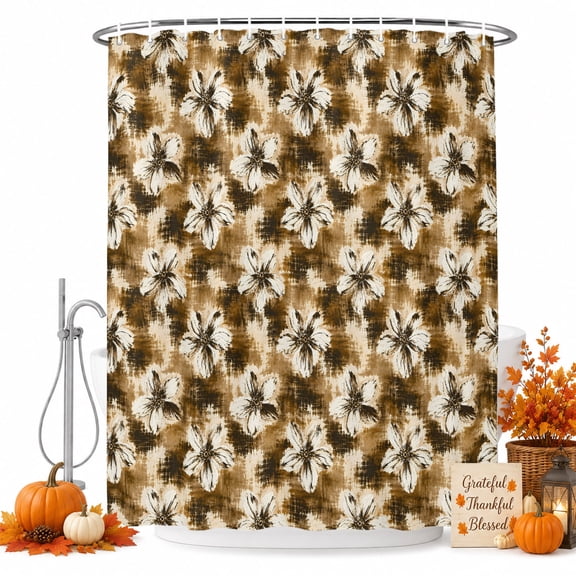 Brown Flowers Shower Curtain Set - Small 36" x 72" Washable Bathtub Curtain with 12 Hooks, Farmhouse Vintage Blooms Botanical Floral Waterproof Fabric Stall Shower Curtains for Bathroom Décor