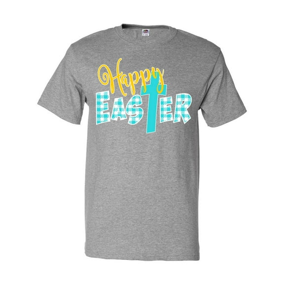 Inktastic Happy Easter with Cross in Teal Plaid T-Shirt