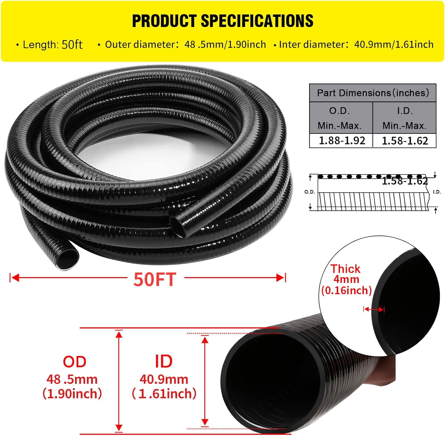 Flexible PVC Pipe1.5" Dia Black PVC Pipe,1.5" x50 feet Pool Hose,Spa Hose Tubing for Koi Ponds, Pond Tubing,Irrigation and Water Gardens,With 2PCS Stainless Steel Clamps