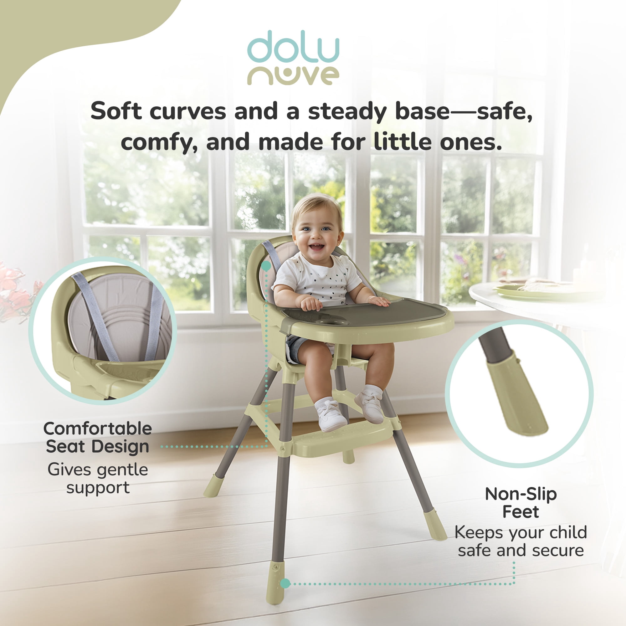 Dolu Nuve Deluxe High Chair for Babies 6+ Months w/ Harness & Removable Tray, Eco Green