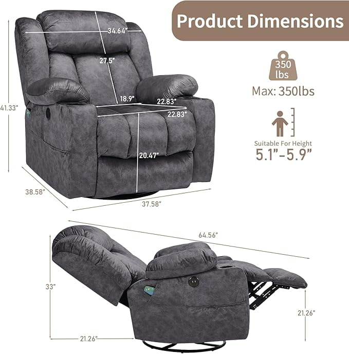 EPICOZY Swivel Rocker Recliner Chair with Heat and Massage, Manual Glider Rocking Reclining Chair, 360° Swivel Overstuffed Lounge Chair with 2 Cup Holders, Side Pockets & USB Ports, Fabric Grey