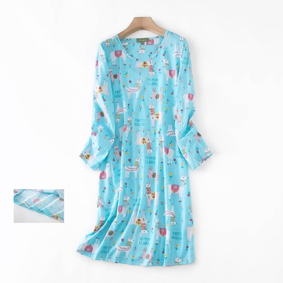 YMNXA Women's Nightdress Long Sleeves Cartoon Print Round Neck Comfortable Soft Sleepwear For Autumn Winter Daily Wear Blue L