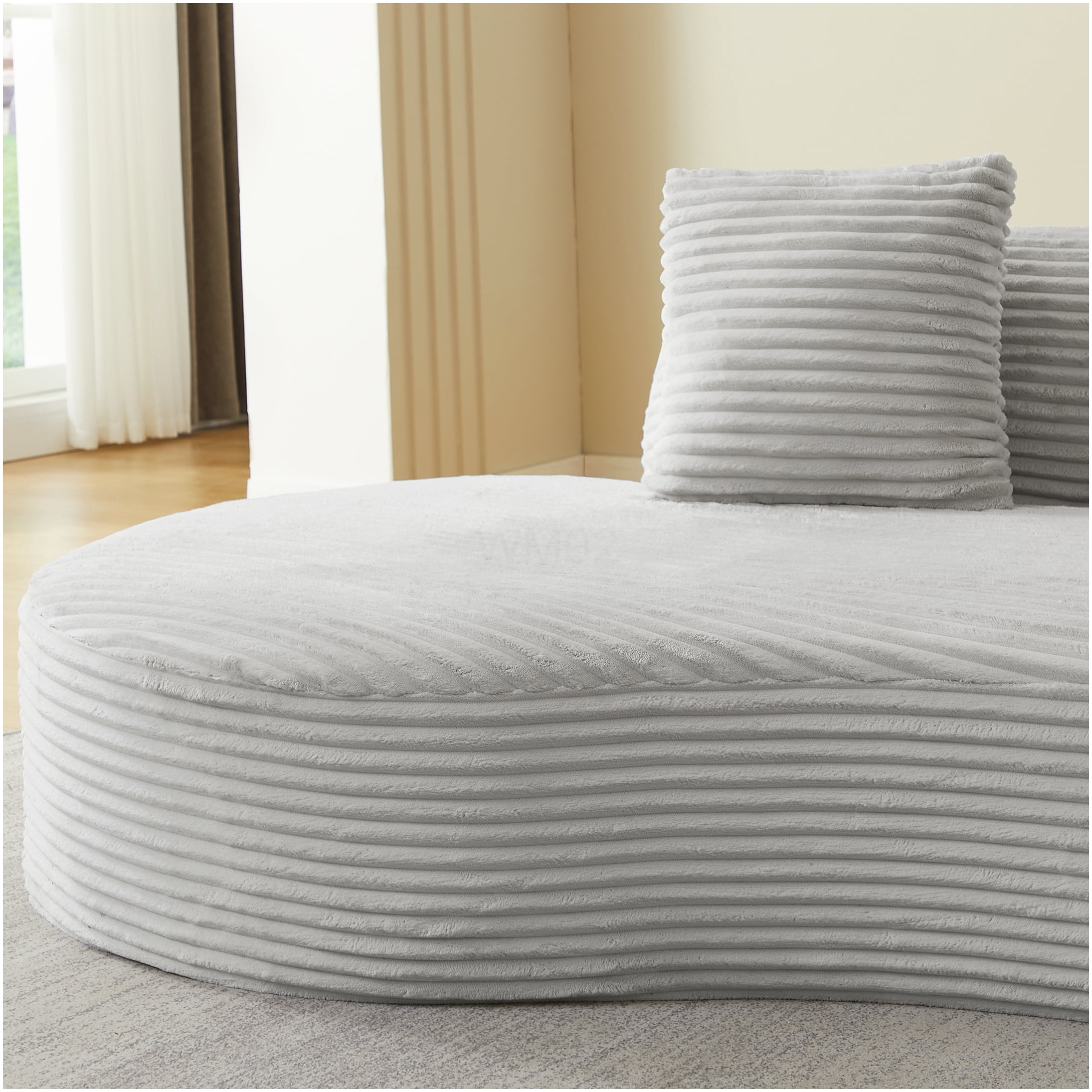 Compressed Curved Corduroy Sofa, 4-Seat Sectional Couch with Pillows, Light Grey Fabric Upholstery, No Setup Needed