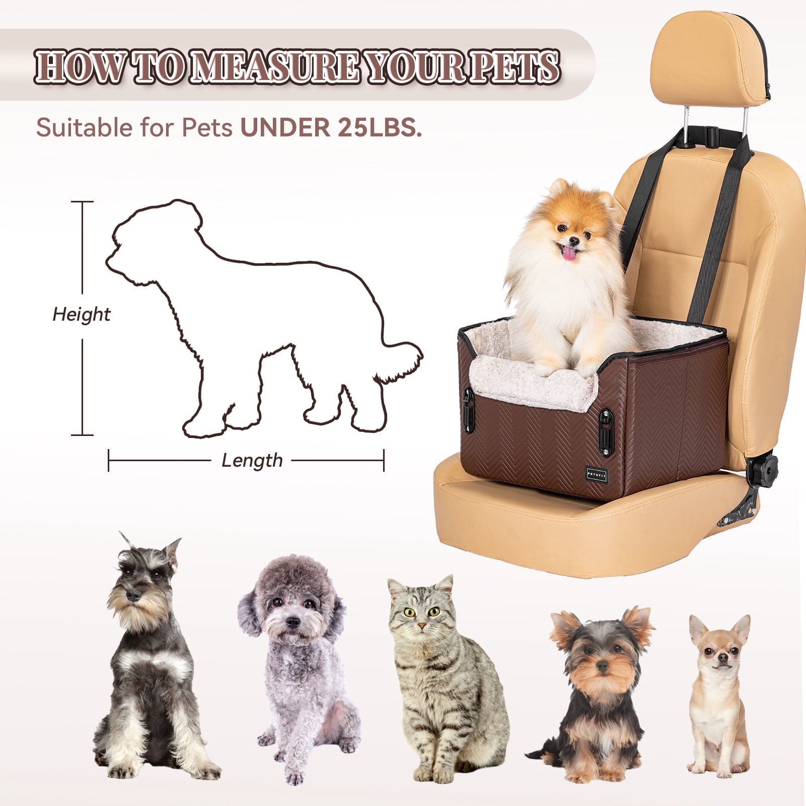 PETSFIT Car Seat for Dogs, Waterproof PU Leather Dog Car Seat for Small Dogs with Patent Safe Buckles, Clip-On Leash, Pet Travel Carrier Bed for Small Pets Up to 25lbs ，Brown