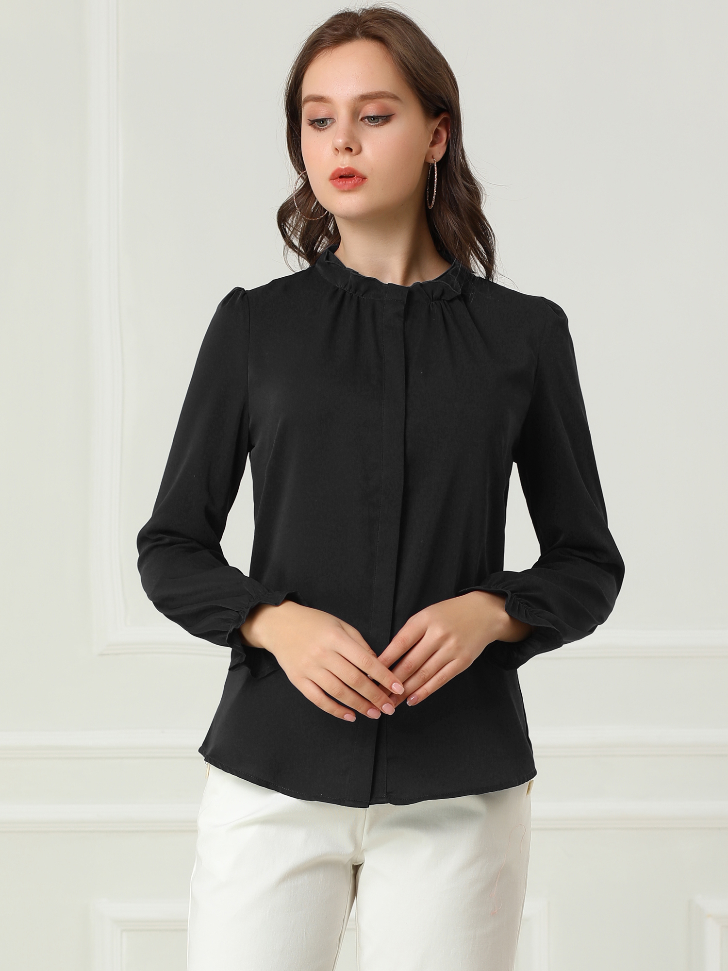 DARING DIVA Women's Chiffon Stand Collar Ruffled Trim Work Blouse S Black