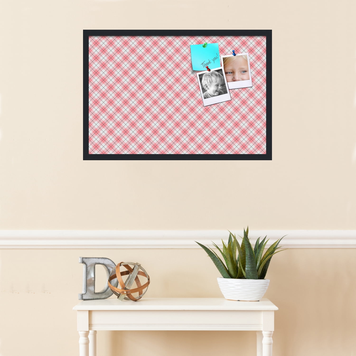 PinPix ArtToFrames 28x18 Custom Cork Bulletin Board Argyle Light Pink   Poster Board Has a Fabric Style Canvas Finish, Framed in Satin Black (PinPix-649)
