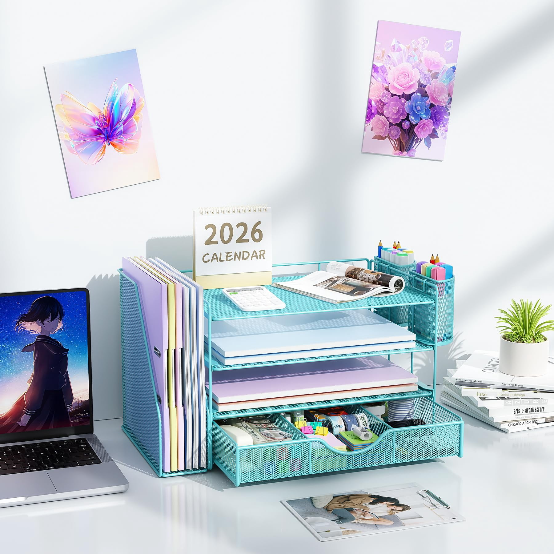 Desk Organizers And Accessories With File Holder  4-tier & Workspace Drawer 2 Pen Paper Organizer For Office Supplies (blue)