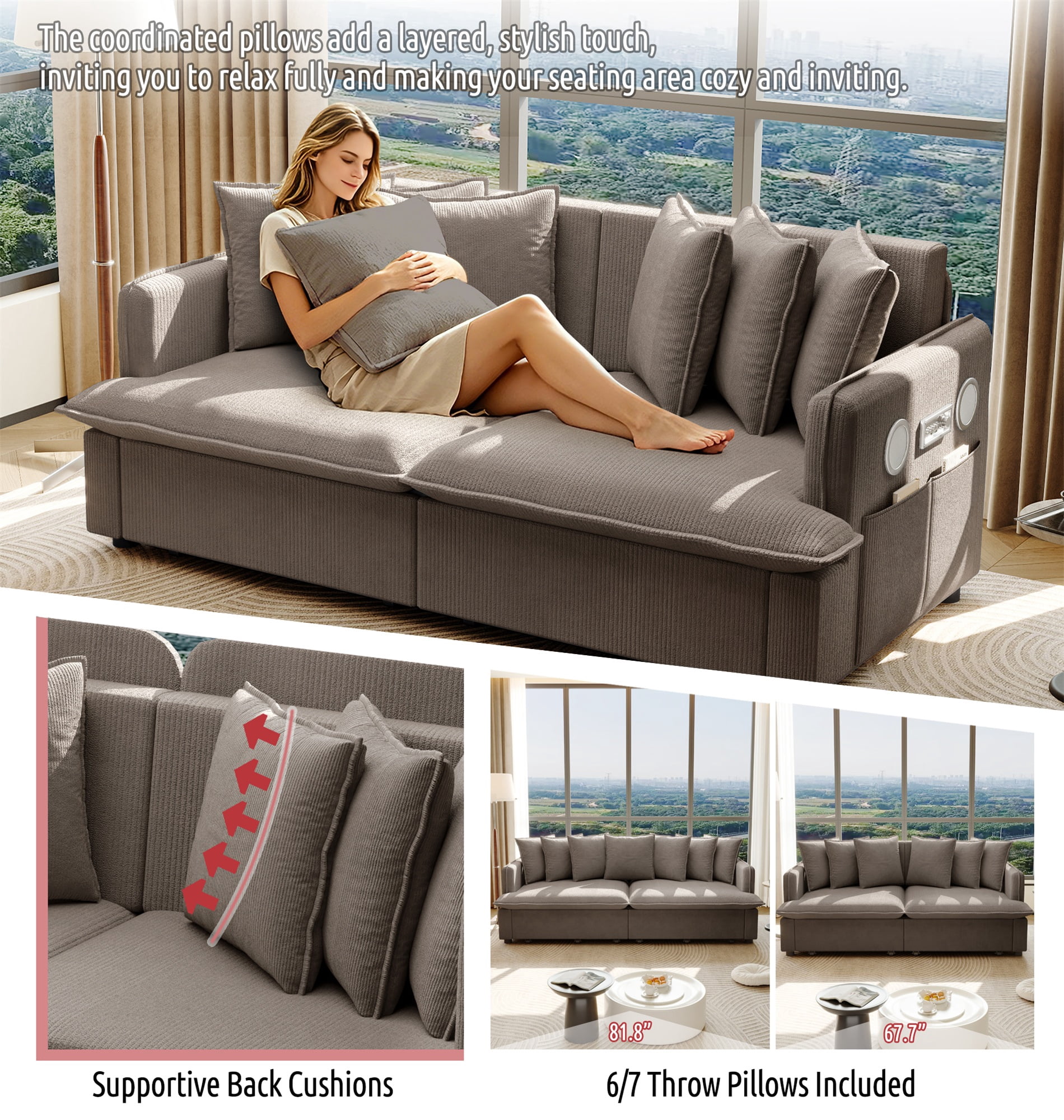 Alvantor 3 in 1 Convertible Sleeper Sofa Bed, 68" W Pull Out Sofa Bed with Bluetooth Speakers, USB Ports for living room, Apartment, Brown