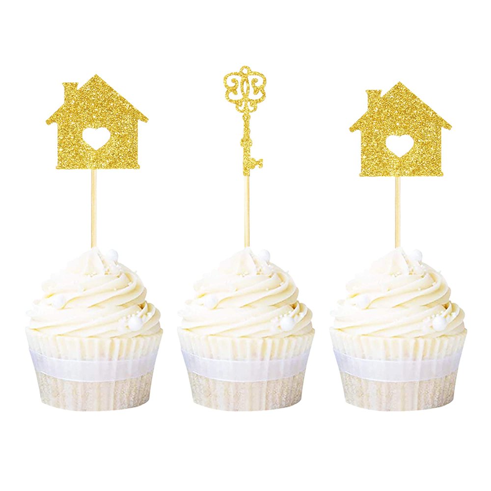 24 Pack Key House Cupcake Toppers Gold Glitter Sweet Home
