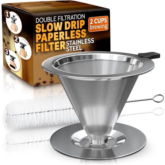 Pour Over Coffee Dripper - 3.18x4.48 Stainless Steel Pour Over Coffee Maker with Large Plastic Handle, Wide Secure Base and a Brush for Cleaning - Ensures Well-Balanced and Reach Tea Infuser