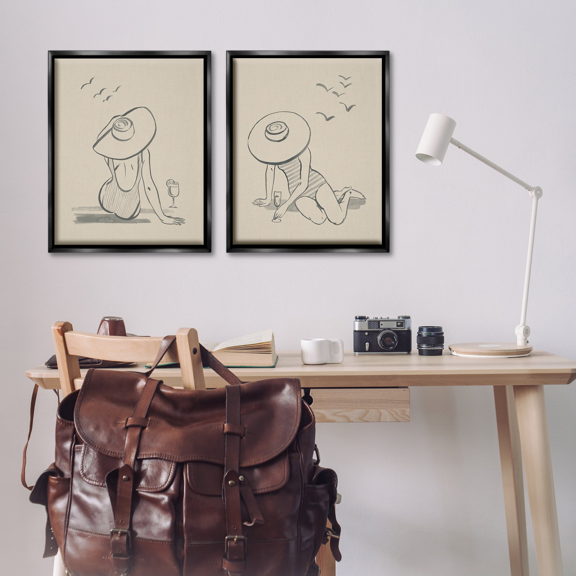 Stupell Industries Female Figure Drawing Poolside People Drawing Black Floater Framed Canvas Art Print Wall Art, 31 x 25, Set of 2