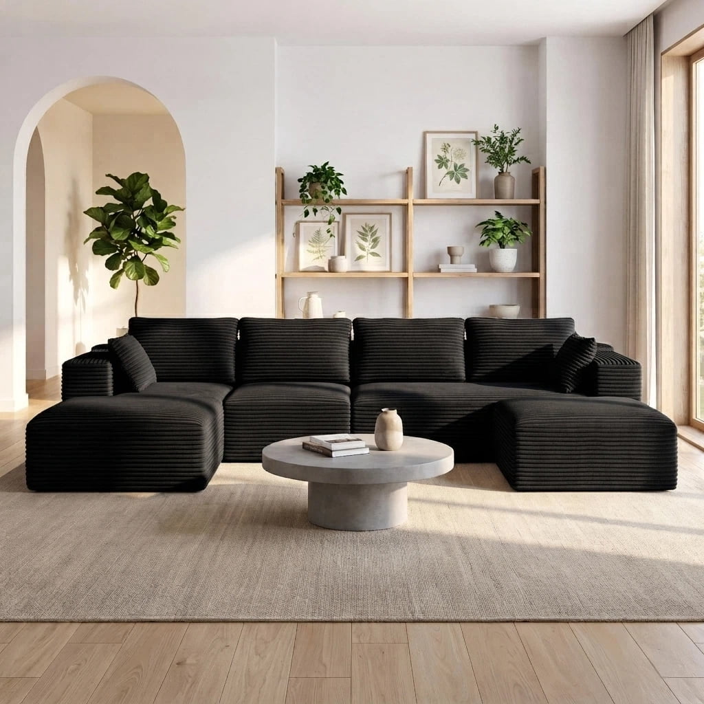 U-Shape Sectional Sofa, Lofka 135'' Modular Sectional Couch with Chaise Lounge, Couch Comfy Corduroy Floor Sofa for Living Room, Corduroy Upholstered 4-Seater Sofa with Pillow Back and Square Arms,
