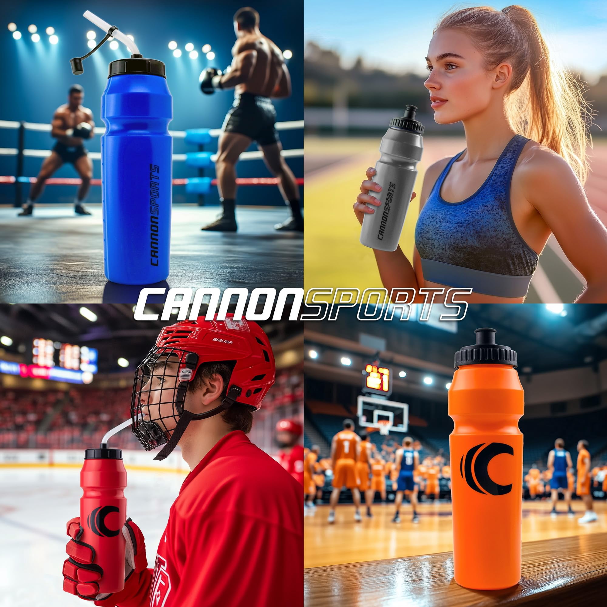 Cannon Sports 1 Liter Sports Water Bottle, BPA-Free, 34 Oz Capacity, Large Mouth, 2 lids (Straw and Squeeze), Great For Helmet Sports Such As Hockey, Lacrosse, Football, Boxing (6 Pack) (Aqua)