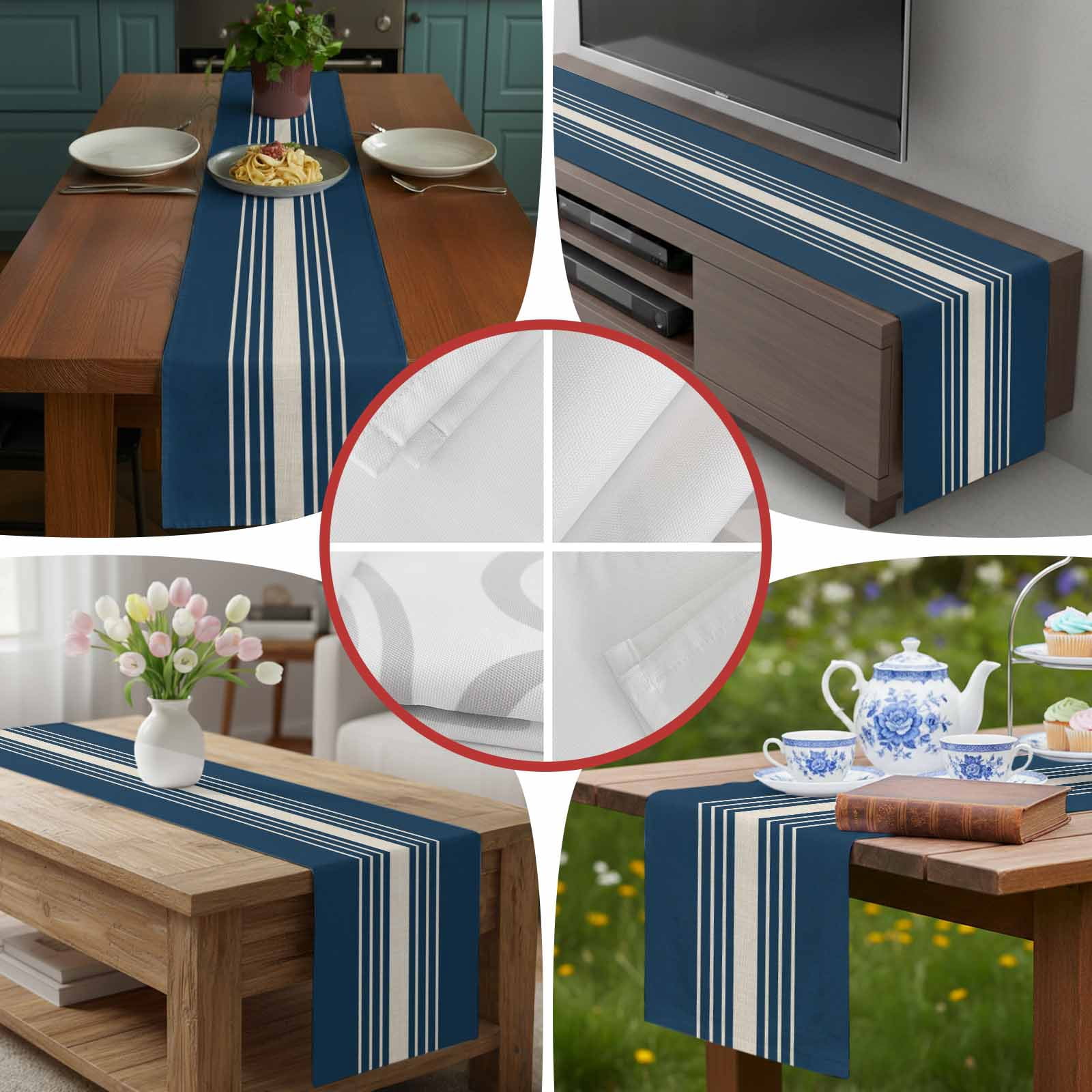 Vintage Linen Stripe on Blue Table Runner 90 Inches Long, Modern Minimalist Art Table Runners Tabletop Scarf Kitchen Dining Tables Decoration for Home Party Indoor Outdoor