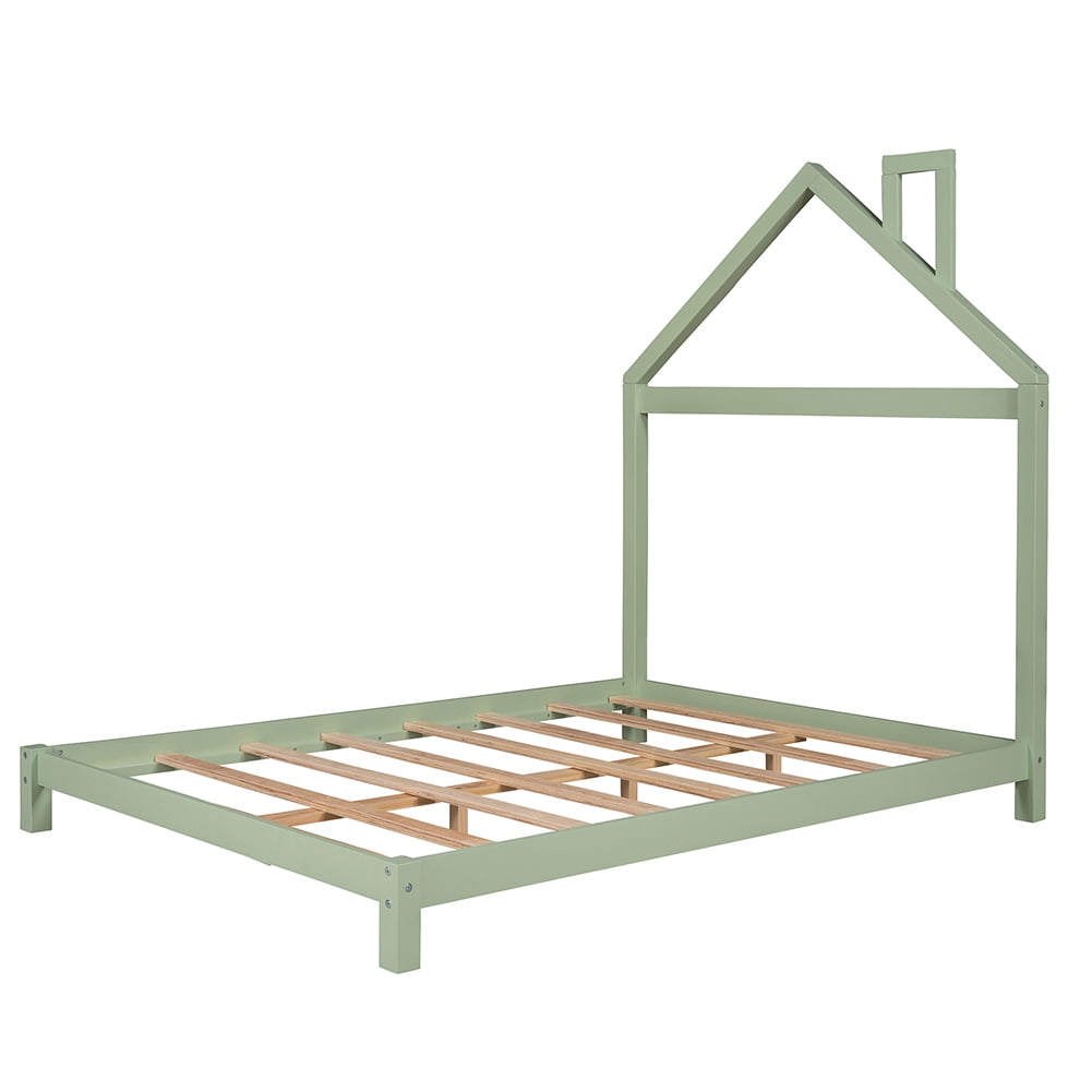 Kepooman Wood Platform Bed Frame with House-Shaped Headboard, Full Size, Green Kepooman Wood Platform Bed Frame with House-Shaped Headboard, Full Size, Green
