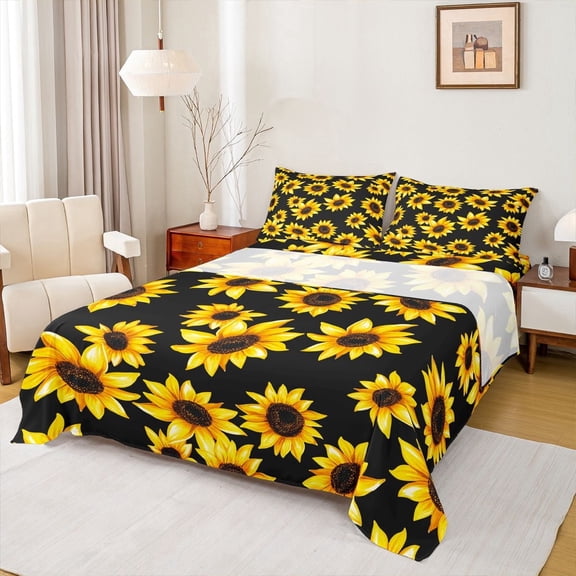 jejeloiu Country Flower Sunflower Twin Sheet Sets,Rustic Plant Twin Fitted Sheet,Black Yellow Flat Sheet For Adults,Microfiber Bedroom Decor,3-Piece