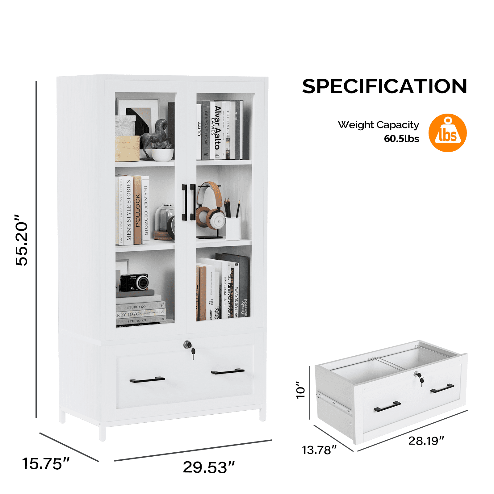 Ktaxon Lockable 4 Tier File Cabinet Bookcase with Letter+Legal Size Drawer&Adjustable Shelves, Wood Bookshelf Storage with Glass Door, White