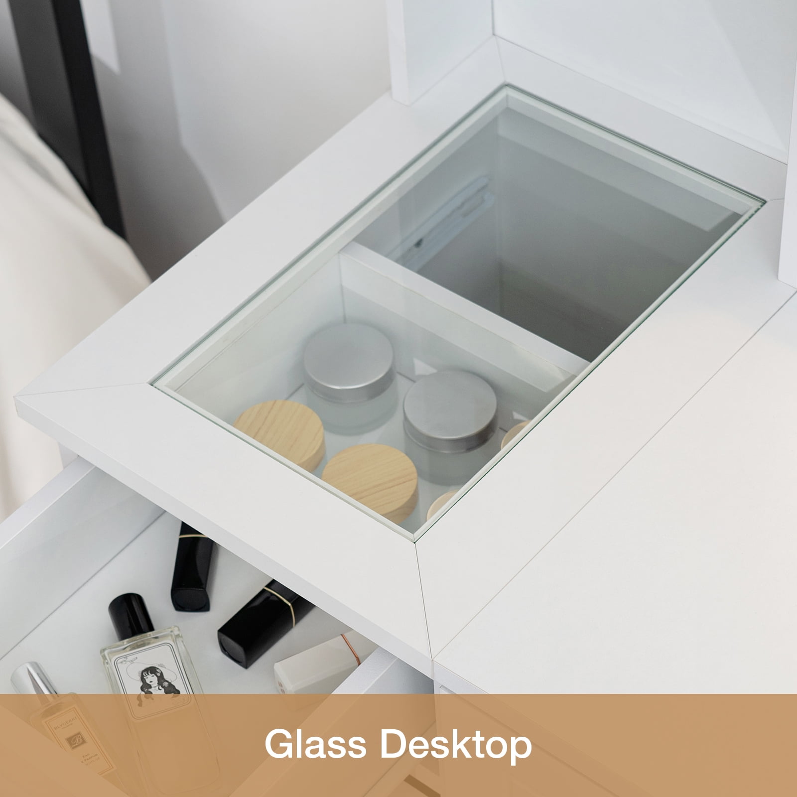 Hommpa Vanity Set with Mirror and Lights, White Vanity Glass Top Makeup Vanity Desk with Charging Station 3 Drawers 2 Cabinets, Vanity Table for Girls Women Dressing Table