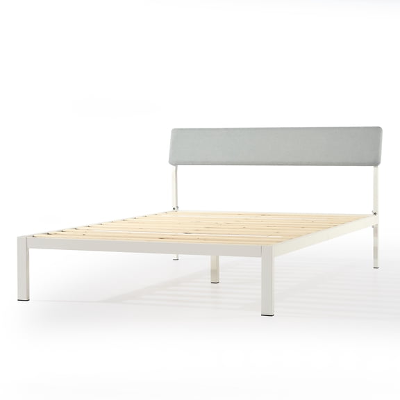 Mellow KERA Metal & Wood Platform Bed Frame with Upholstered Angled Headboard, Full, White
