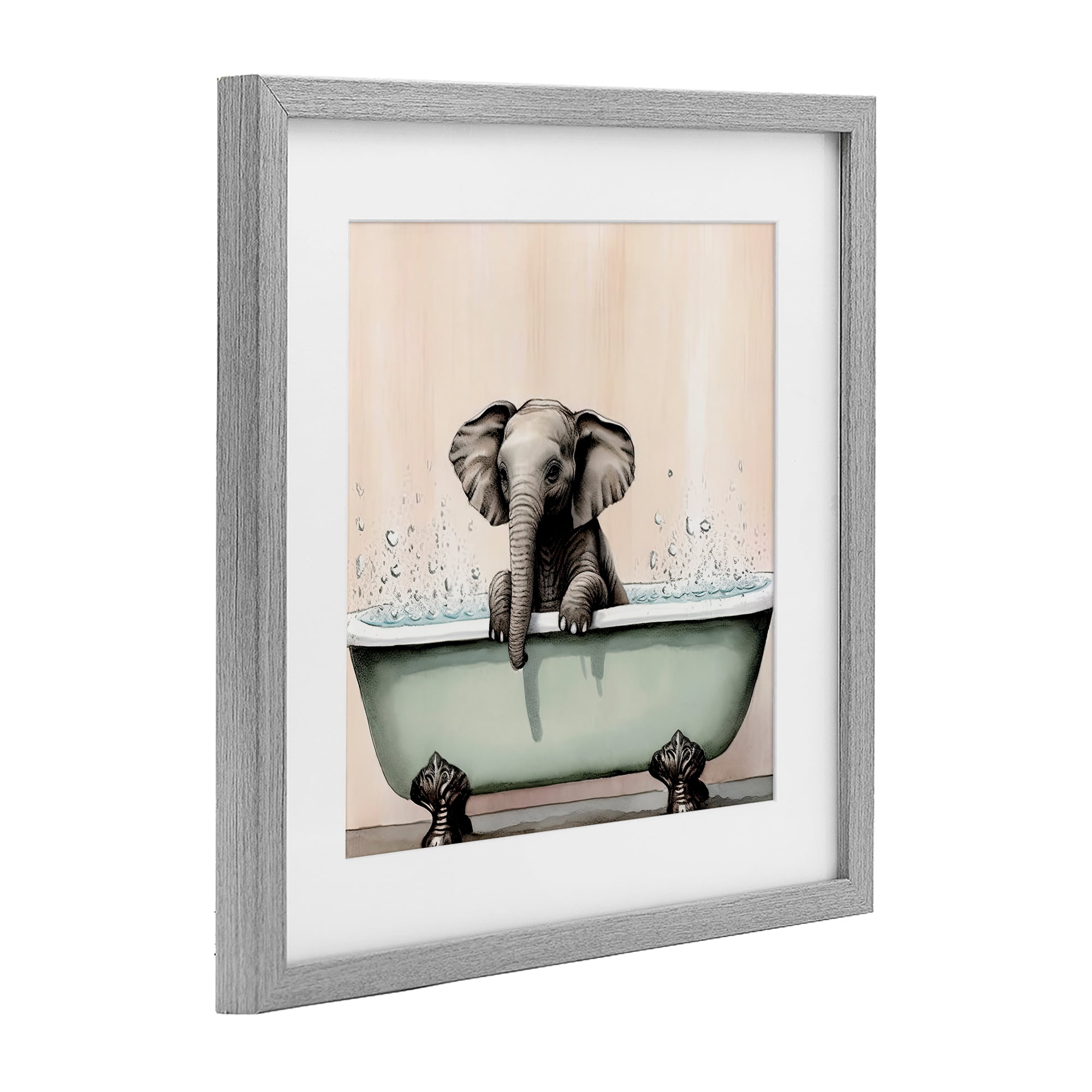 Baby Elephant Bathtime Gray Framed Print Under Glass, design by Sasha