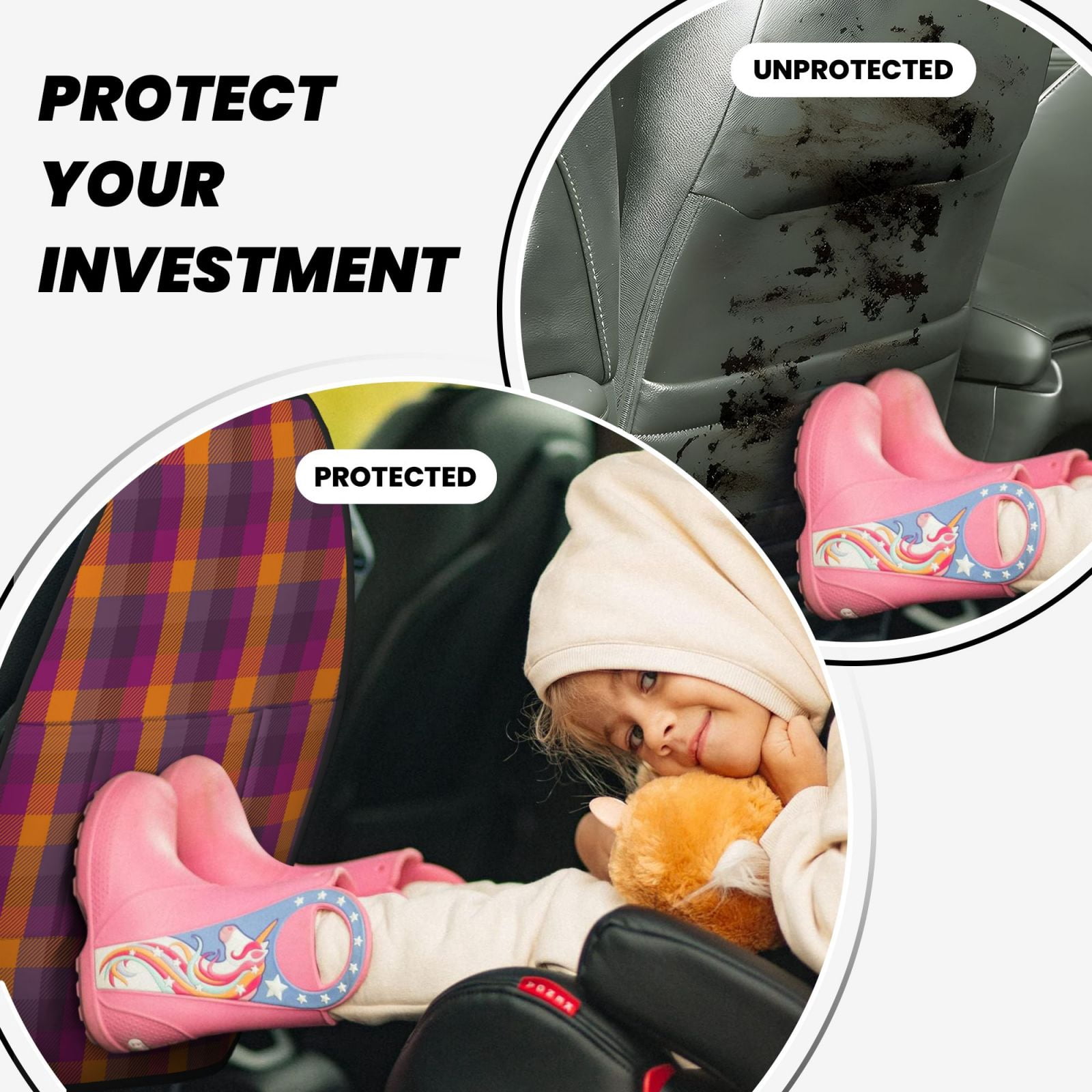 Kdxio Orange and Purple Plaid Print 2 Pack Car Kick Mat Seat Cover Back Protector Mat with Pockets for Organizer Backseat Protector and Storage Anti Kick Pad for Vehicles