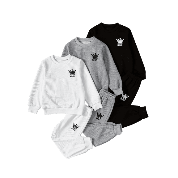 Fdqin 6 Pcs Boy Outfits Letter Print Boys Sweatsuit Long Sleeve Pullover Waffle Knit Sweatshirt and Jogger Pant Sets 6pcs WGB 7-8 Years