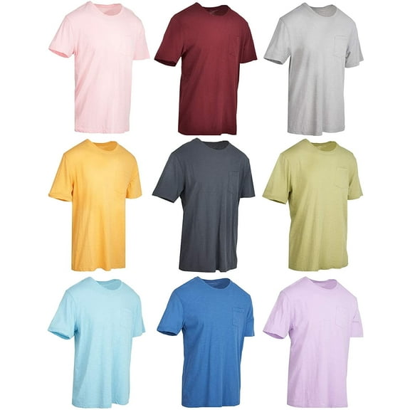 9 Pack of Mens Cotton Slub Pocket Tees Tshirt, T-shirts in bulk Wholesale, Colorful Packs (Small)