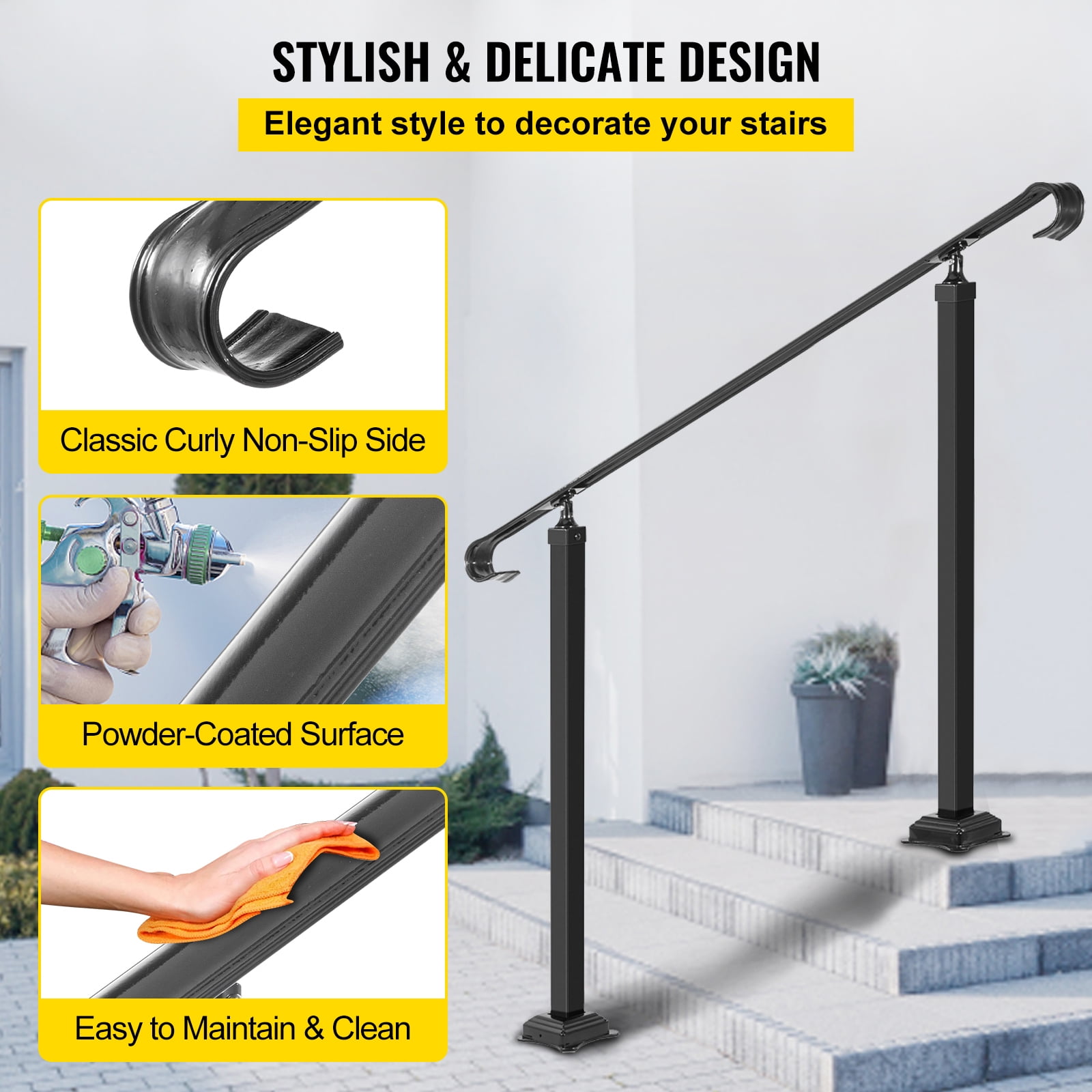SKYSHALO Wrought Iron Handrail for 2 or 3 Step Outdoor Stair Railing, Adjustable Front Porch Handrail, Black Transition Handrail for Concrete Step or Wooden Staircase with Mounting Kit
