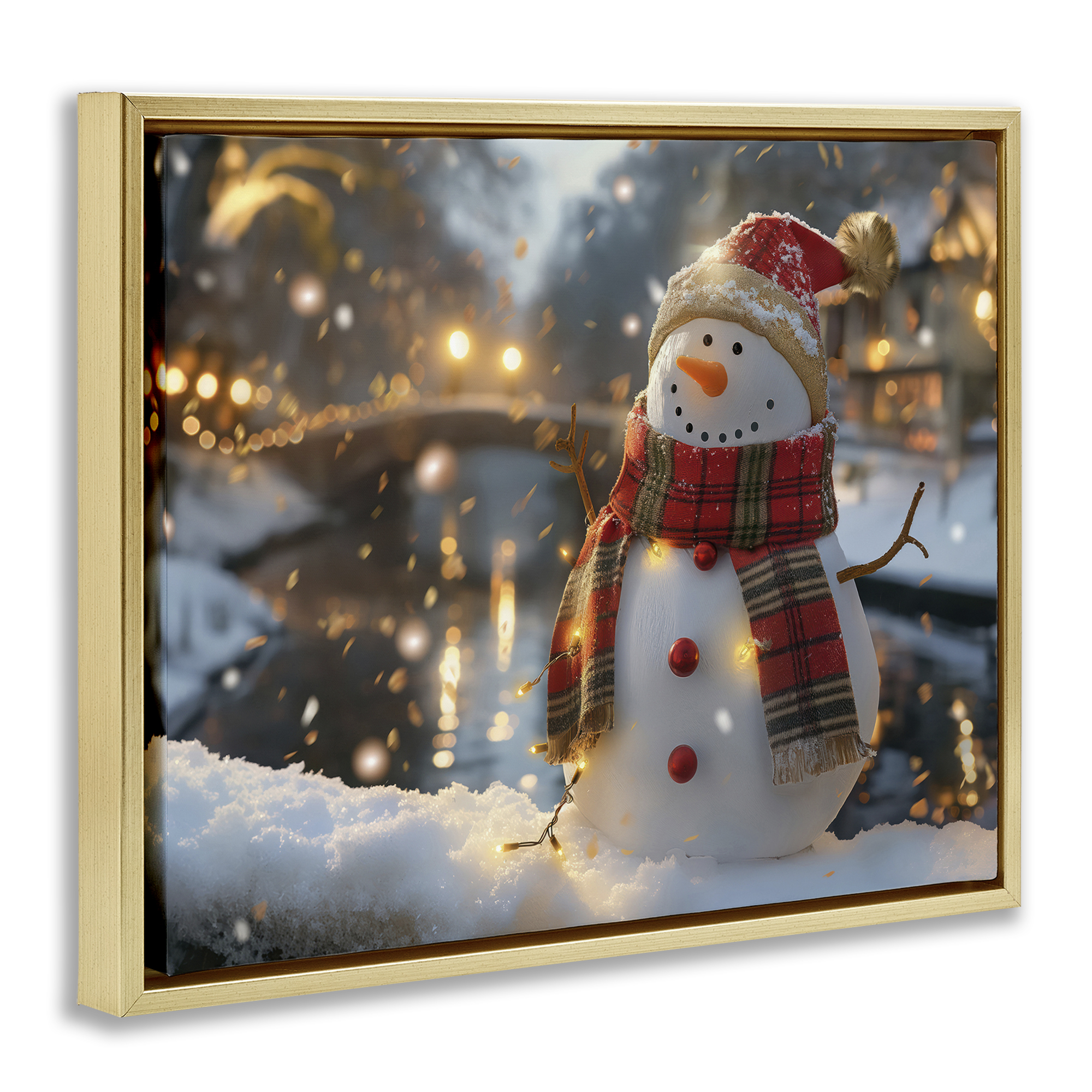 Stupell Industries Snowman Windy Winter Scene Holiday Painting Gold Floater Framed Canvas Art Prints Wall Art, 21 x 17