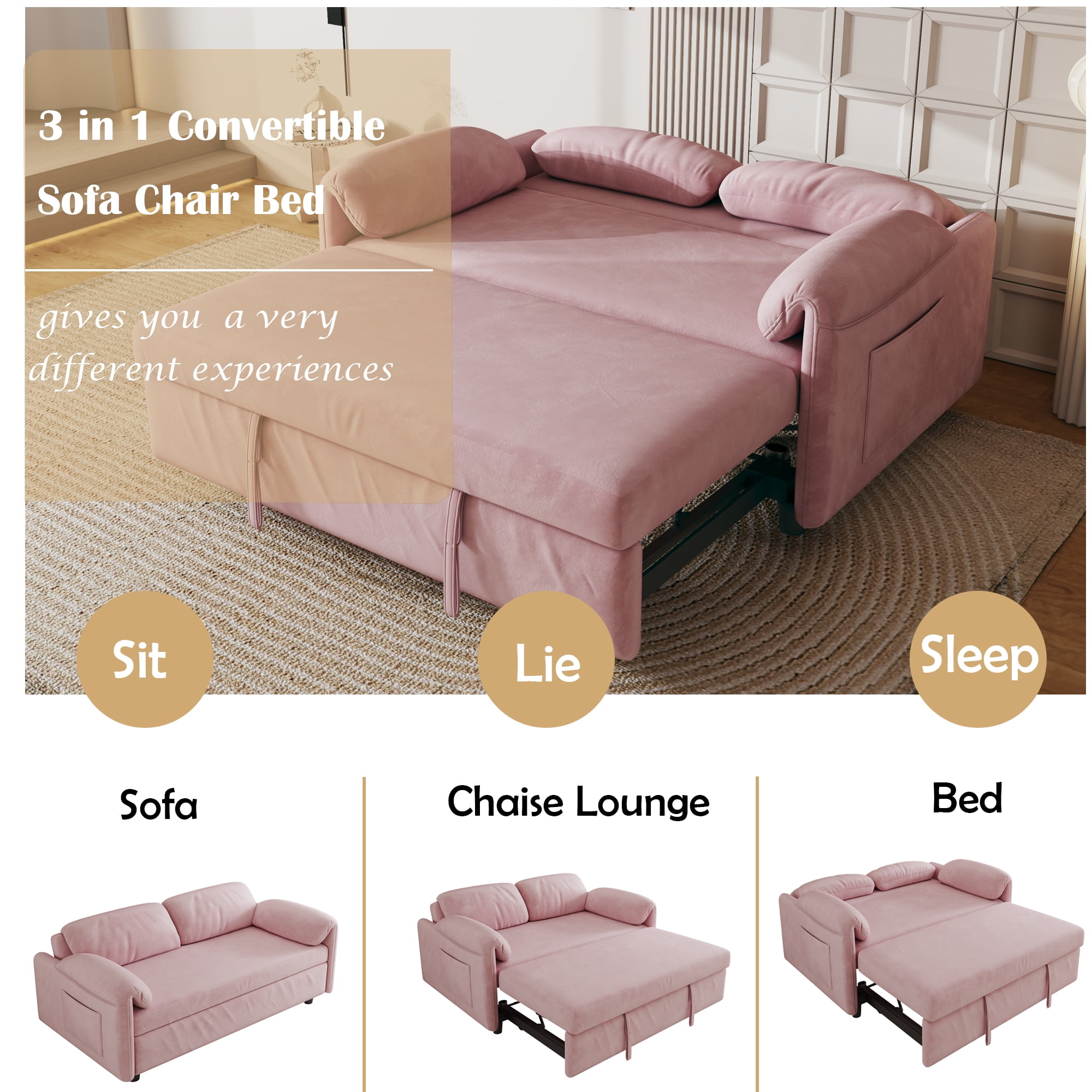 54" Velvet Futon Sofa Bed Convertible Sleeper Sofa Bed Pull Out Sofa Bed With Adjustable Backrest for Living Room,Office,Pink