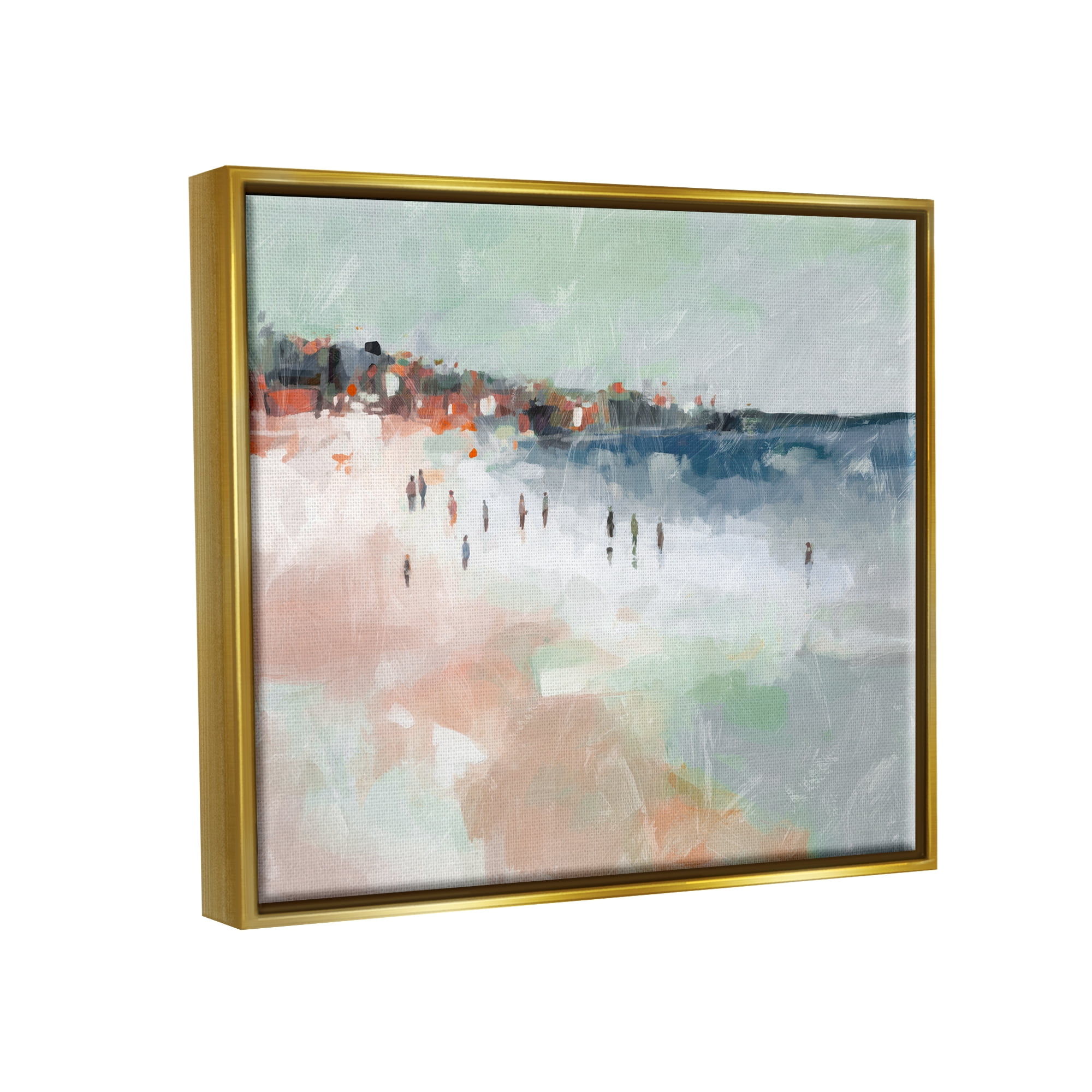 Stupell Industries Abstract People on Shore Landscape Painting Gold Floater Framed Canvas Art Print Wall Art, 21 x 17