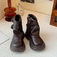 thumbnail image 2 of Girl's Fold Over Ankle Boots Winter Waterproof Leather Furry Lined Round Toe Fashion Buckle Strap Zipper Motorcycle Riding Booties 1 Big Kid Brown, 2 of 6