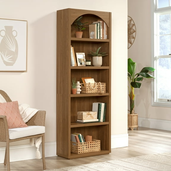 Mainstays 5 Shelf Westley Arch Bookcase, Warm Walnut Finish