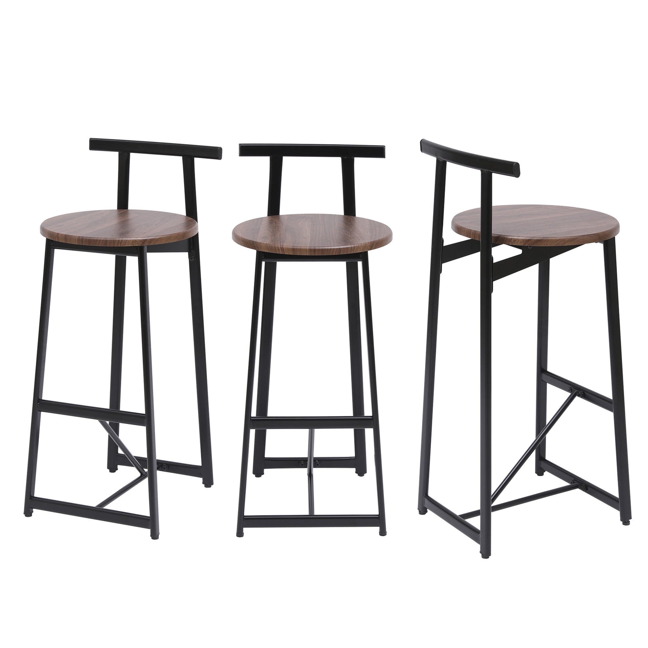 Noble House 34.25" Counter Height Bar Stools Set of 3 with Backrest & Footrest, Metal Frame, Black+Walnut
