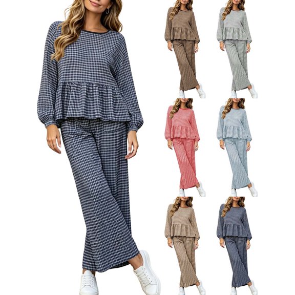 DYTTDG Women's Plaid Print 2-Piece Outfit Set | Long-Sleeve Crew-Neck Ruffle-Hem Top & Elastic Drawstring-Waist Pocket Wide-Leg Pants for Daily Casual Wear